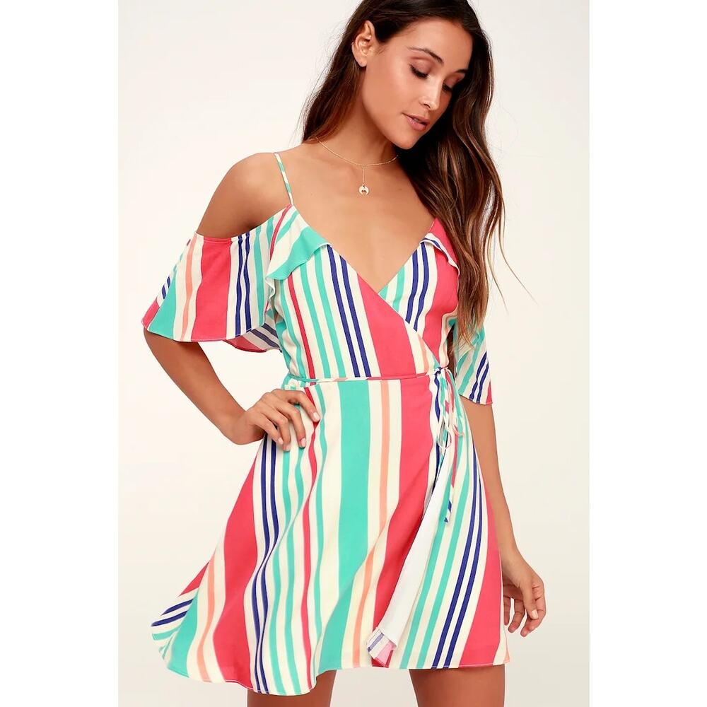 Lulus Wrap Mini Dress Womens Medium Multi Color EUC Striped Cold Shoulder RD4336